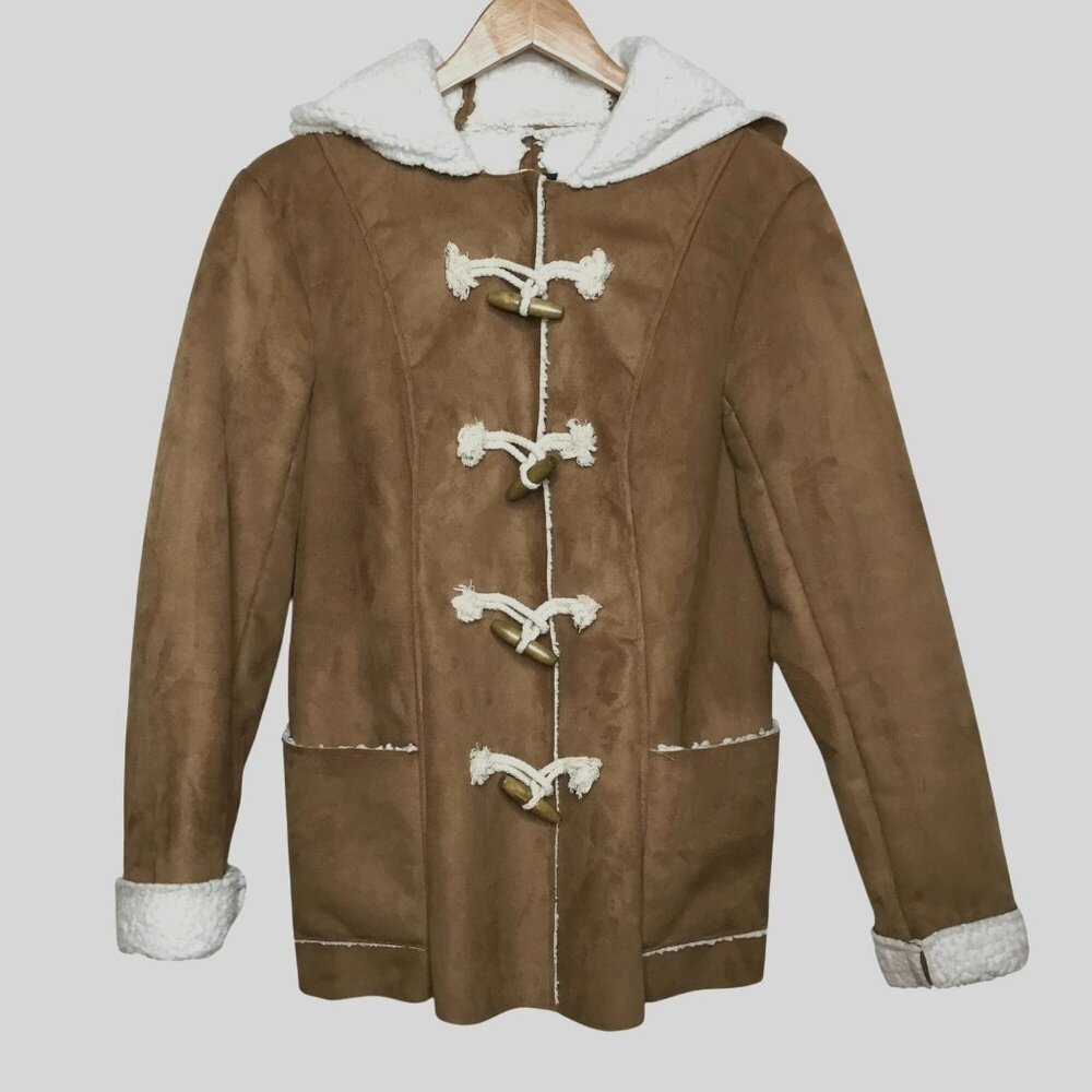 ME JANE Camel Faux Shearling Hooded Toggle Jacket Women L Retro Y2K Cozy Luxe